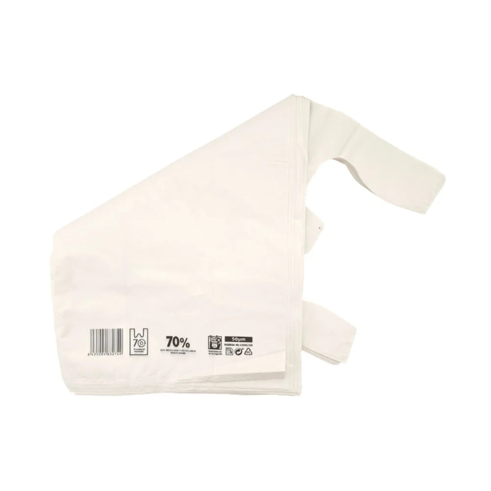 Paquete 1 kg bolsas con asas blancas 70% plástico reciclado para hoteles