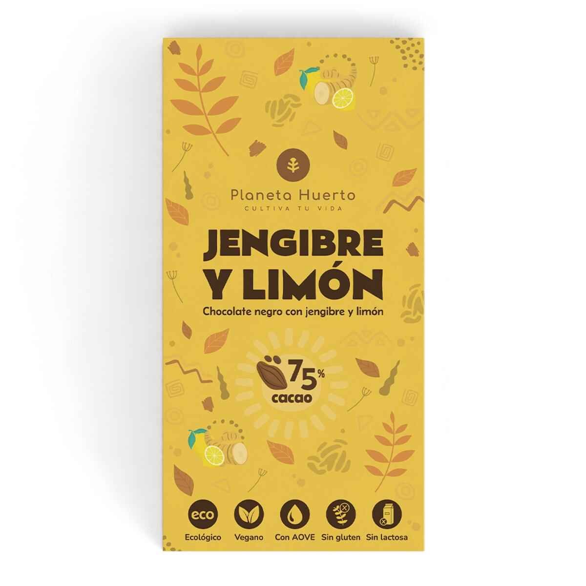 Tableta chocolate negro 75% con jengibre y limón ECO 70 gr