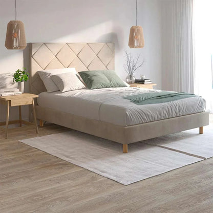 Base de madera Samos tapizada en tejido beige para hoteles