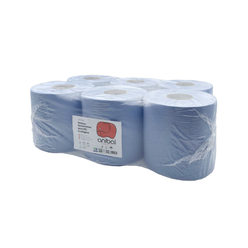 Rouleau d'essuie-mains bleu double épaisseur Aníbal 150 m écologique pour hôtels