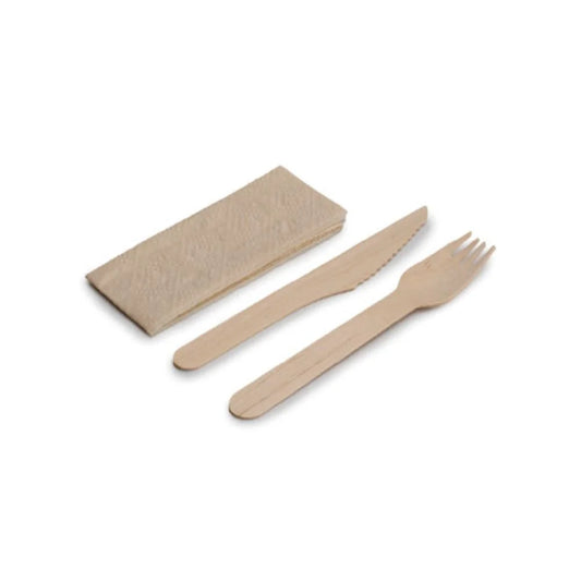 Caja 500 sets de cubiertos madera + servilleta kraft para hoteles