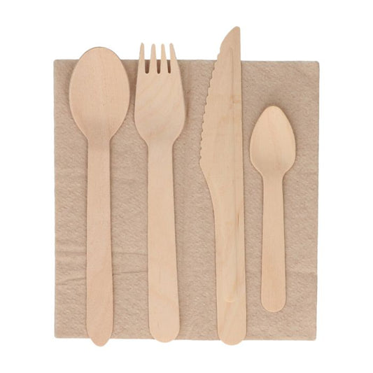 Set 5 piezas de madera: Cuchara, tenedor, cuchillo, cucharilla y servilleta - Kraft 250 unidades