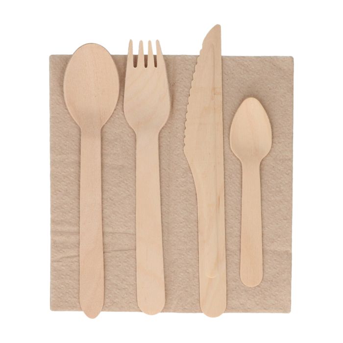 Set 5 piezas de madera: Cuchara, tenedor, cuchillo, cucharilla y servilleta - Kraft 250 unidades