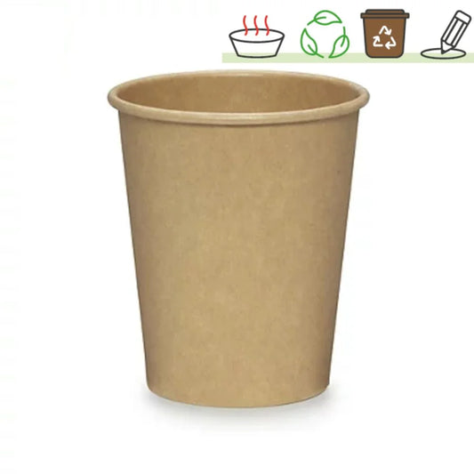 Pack 50 vasos papel kraft 240 ml (8 oz) ecológicos y sin plástico para hoteles