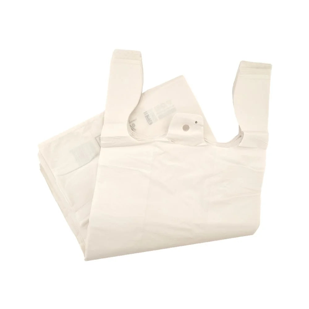 Paquete 1 kg bolsas con asas blancas 70% plástico reciclado para hoteles