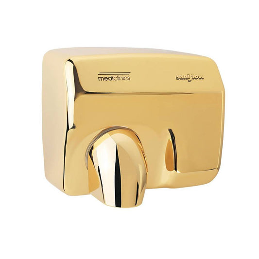 Secador de mãos ótico Saniflow, em aço banhado a ouro, para hotéis.