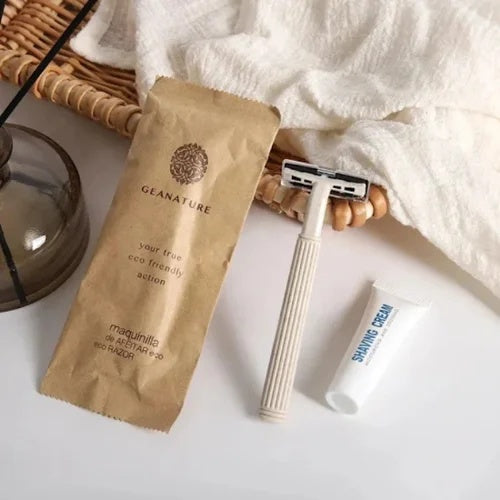 GEANATURE Kit de Barbear Ecológico com 500 Unidades, Embalagem Kraft Flow para Hotéis – Aparelho de Barbear + Creme de Barbear 10g