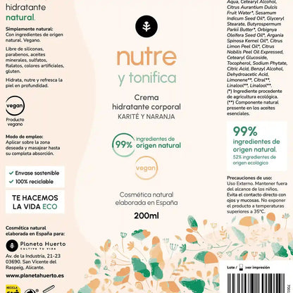 Crema hidratante corporal Karité y Naranja 200 ml para hoteles