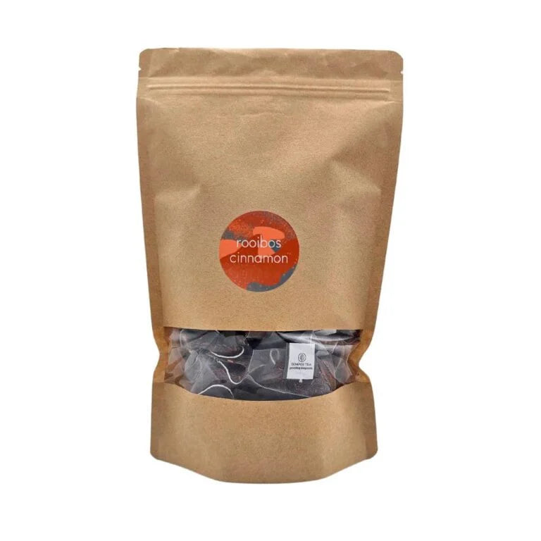 Rooibos Cinnamon pirámides sueltas en bolsa de papel kraft