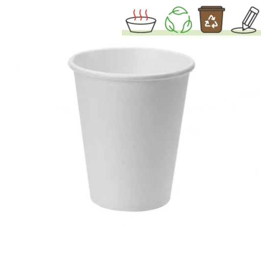 Pack 50 vasos papel blanco 210 ml (7 oz) con recubrimiento base agua, 0% plástico para hoteles